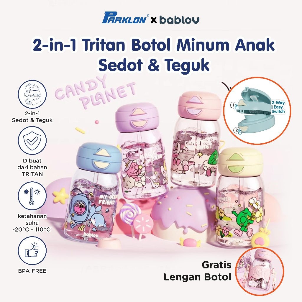 Botol Minum Anak Mamiko Bablov 2-in-1 Tritan 550ml dengan Sedotan & Tutup Teguk