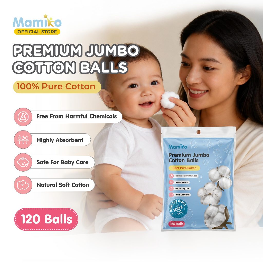 Mamiko Cotton Balls Premium Jumbo 120 Pcs 100% Pure Cotton Kapas Bola