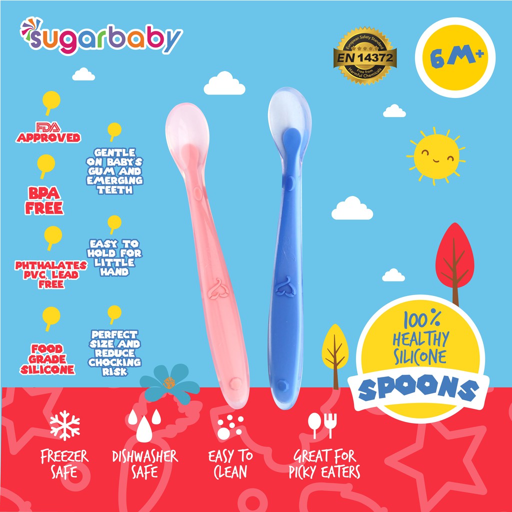 Sendok Silikon Bayi SUGAR BABY Healthy 2 Set Food Grade FDA Approved Blue Pink Foto 2