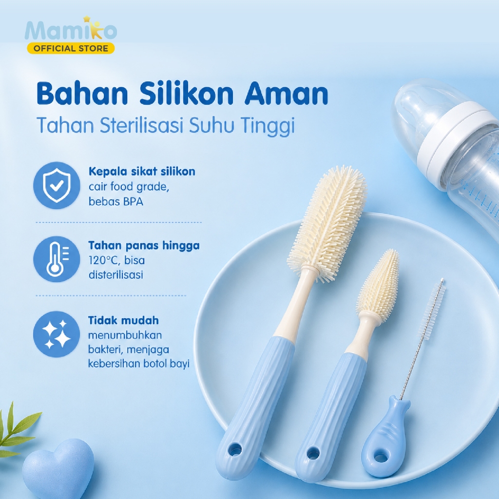Mamiko Silicone Bottle Brush 3in1 Sikat Botol Dot Sedotan BPA Free Warna Biru Foto 4