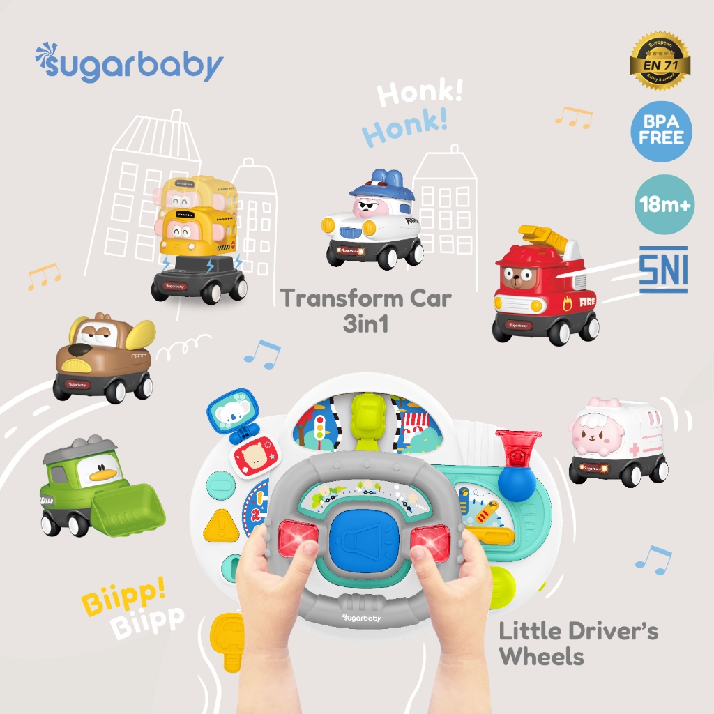 Sugarbaby Little Driver Wheel & Transform Car 3in1 Set Mainan Edukasi Anak 18M+ BPA