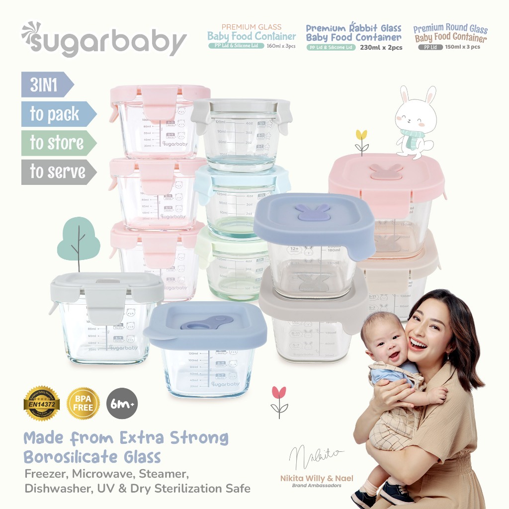 Sugar Baby Premium Glass Jar Baby Food Container 160ml 3 Pcs BPA Free Tutup