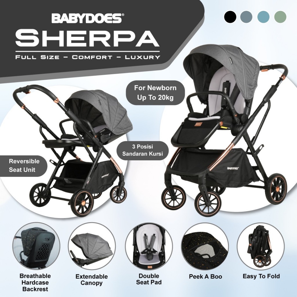 Babydoes Sherpa Stroller Reversible Seat 2 Arah Newborn to 20kg Extendable Canopy Foto 7