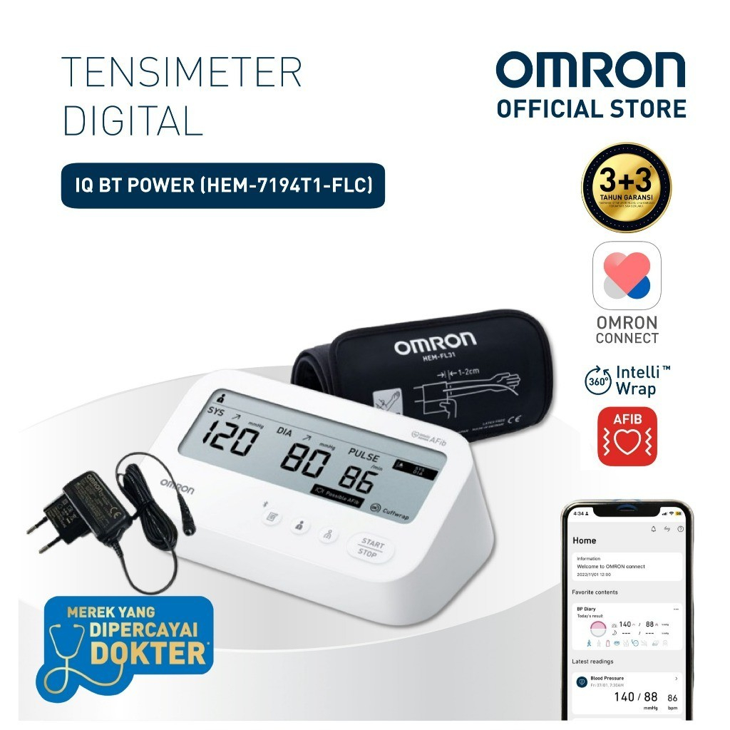 Omron Blood Pressure Monitor HEM-7194T1 IQ BT Power dengan Deteksi AFib Bluetooth