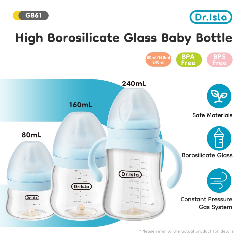 Dr.Isla Botol Susu Bayi GB61 Kaca Borosilikat Anti Kembung Dot Silikon Cair