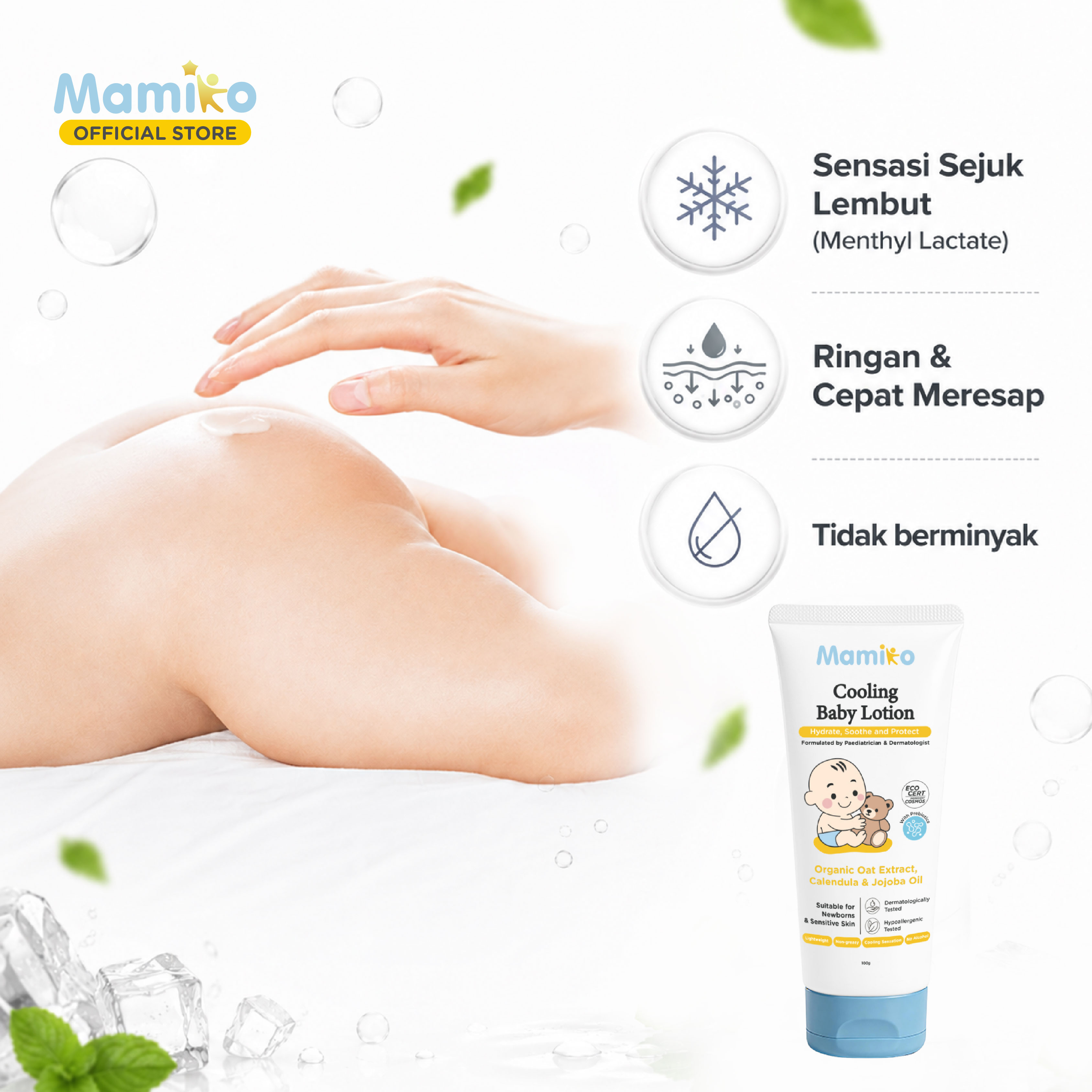 Mamiko Cooling Baby Lotion 100g Hipoalergenik Formula Dokter Tanpa Aroma untuk Kulit Sensitif Newborn Foto 7
