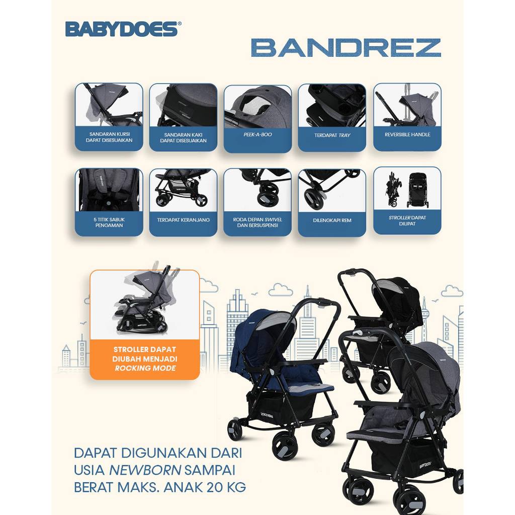 Stroller Bayi Babydoes Bandrez Reversible Handle Rocking Mode Multifungsi Foto 5