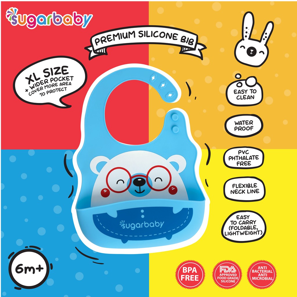 Celemek Bayi Sugar Baby Premium Silicone BIB XL Size Blue Coco Bear 02 Food Foto 2