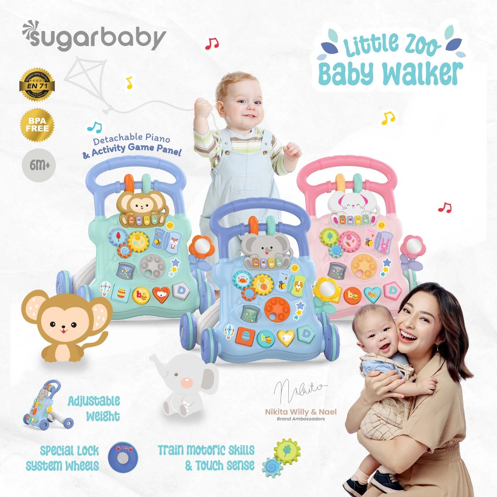 Sugarbaby Little Zoo Baby Walker Mainan Dorong Bayi dengan Piano Lepas & Panel Aktivitas