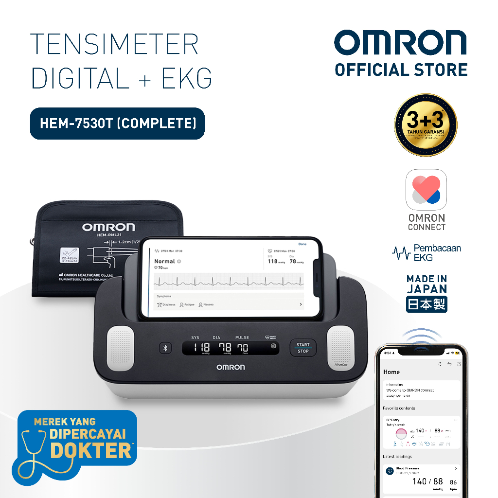 Omron Blood Pressure Monitor HEM-7530T (OMRON Complete) Tensimeter Digital AFib Bluetooth + EKG