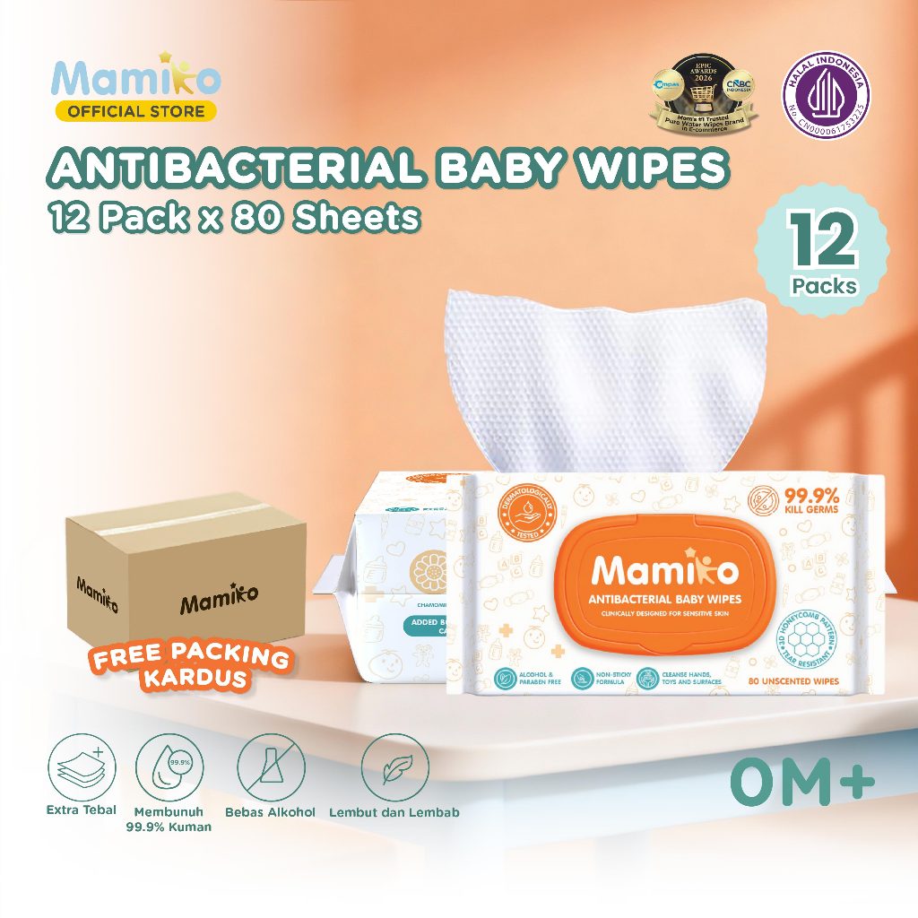 Mamiko Antibacterial Baby Wipes 80 Lembar per Pack Bundle 12 Pack Tisu Basah Anti
