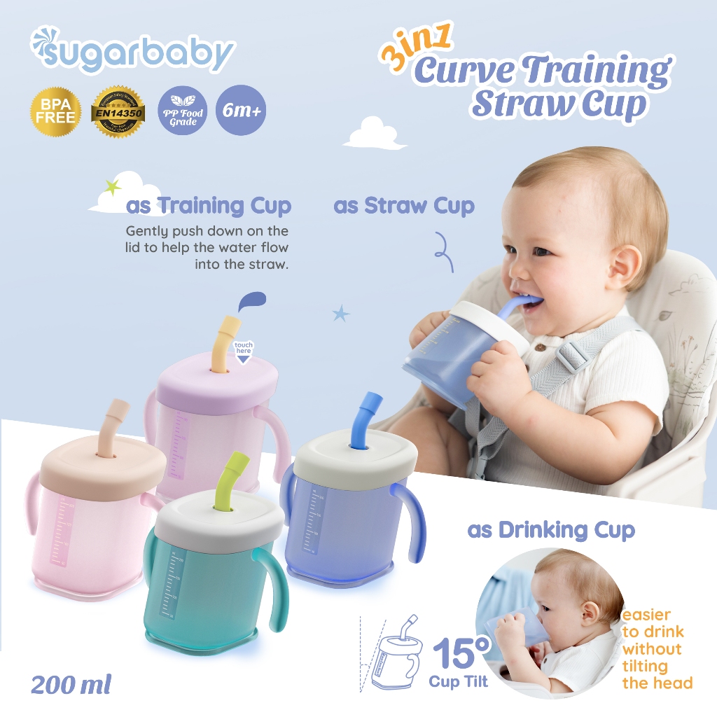 Sugarbaby 3 in 1 Curve Training Straw Cup Gelas MPASI Bayi Anti Tumpah BPA Foto 2
