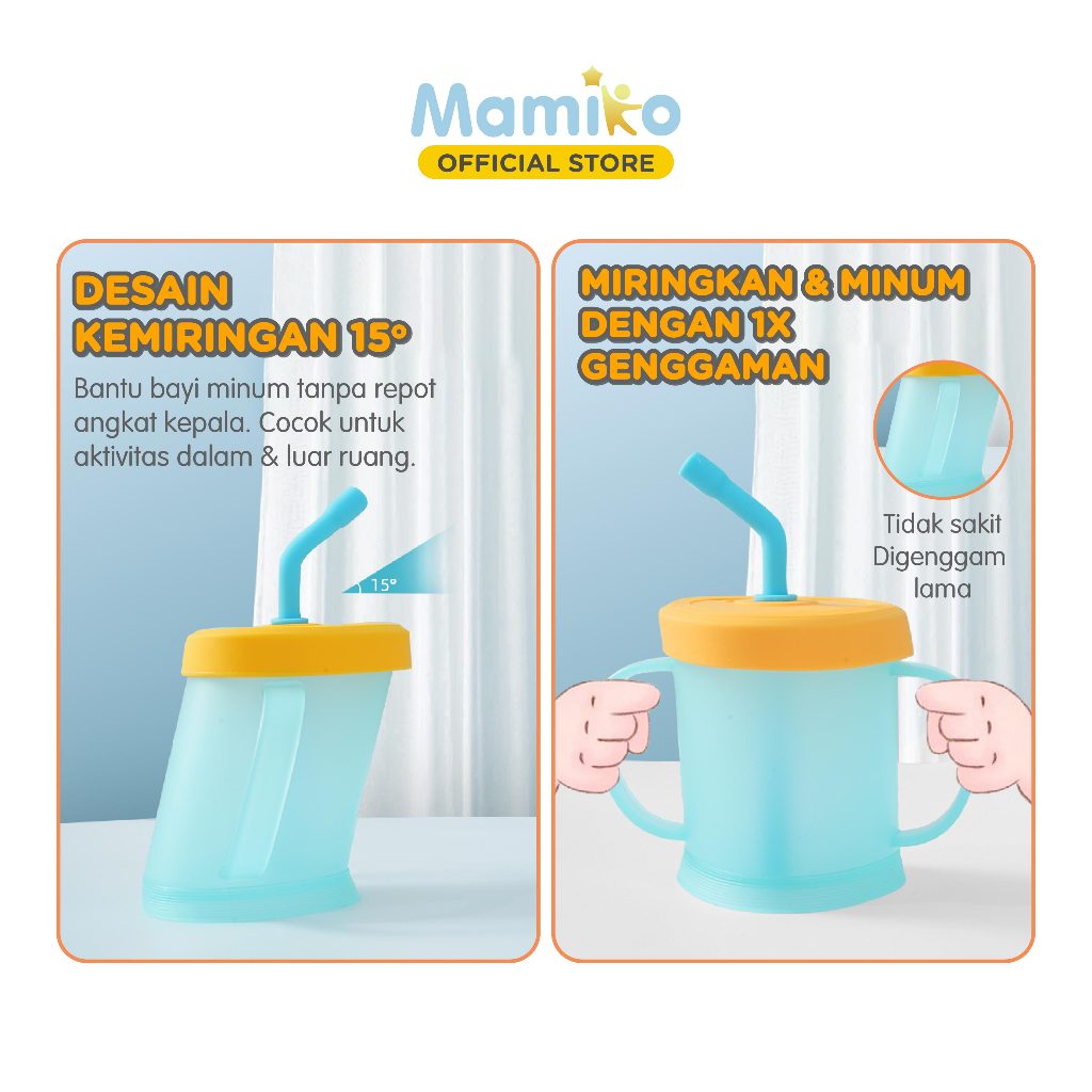 Gelas Training Sedotan Anak Mamiko 260ml Anti Tumpah Desain Miring 15 Derajat Foto 4