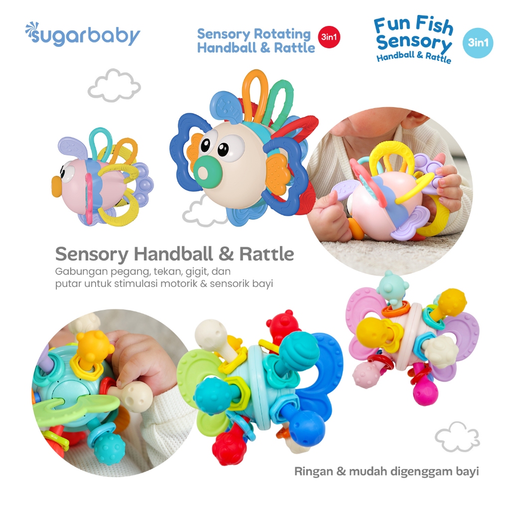 Sugarbaby Fun Fish Sensory Rotating Handball Rattle Teether 3in1 Mainan Bayi BPA Free Foto 2