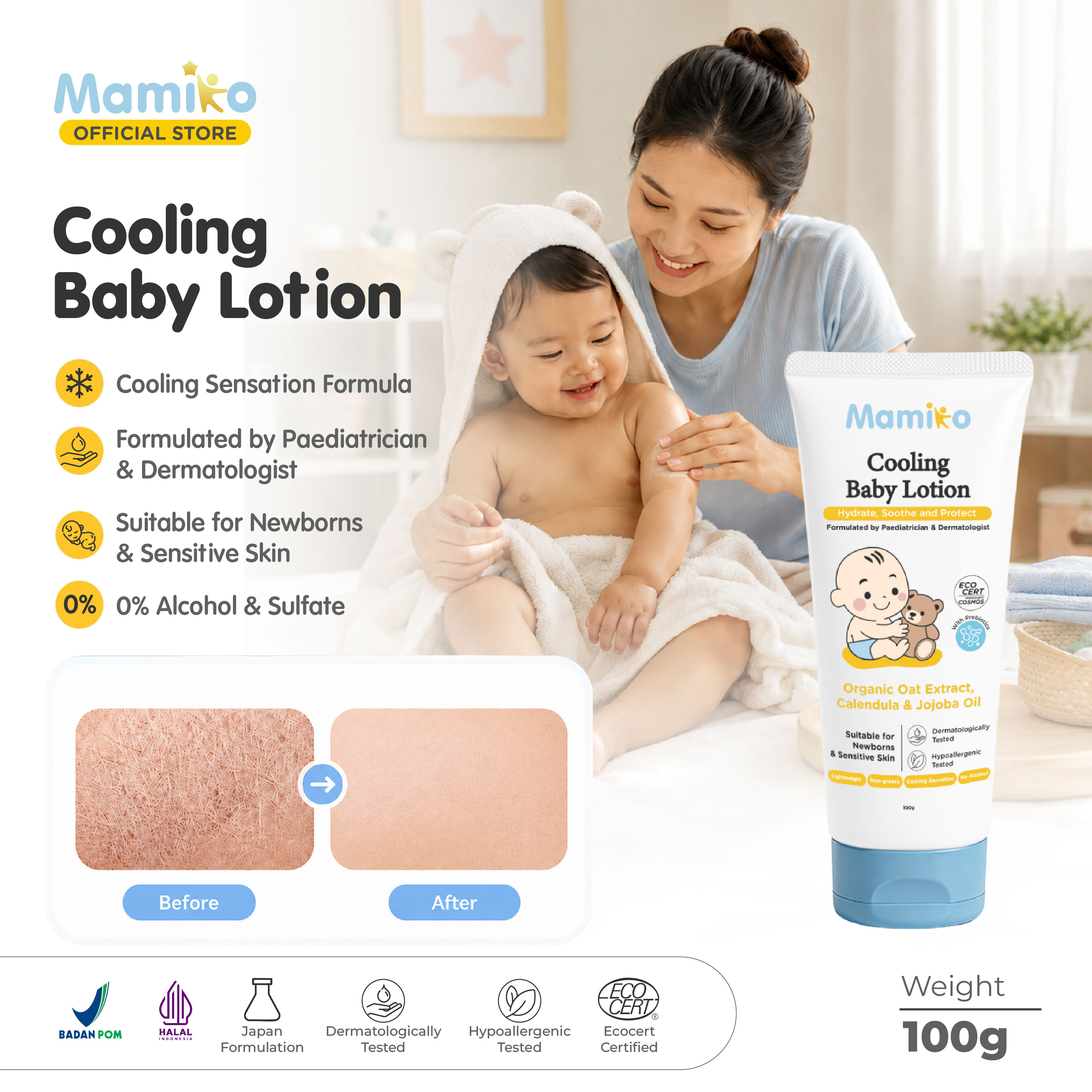 Mamiko Cooling Baby Lotion 100g Hipoalergenik Formula Dokter Tanpa Aroma untuk Kulit Sensitif Newborn Foto 6