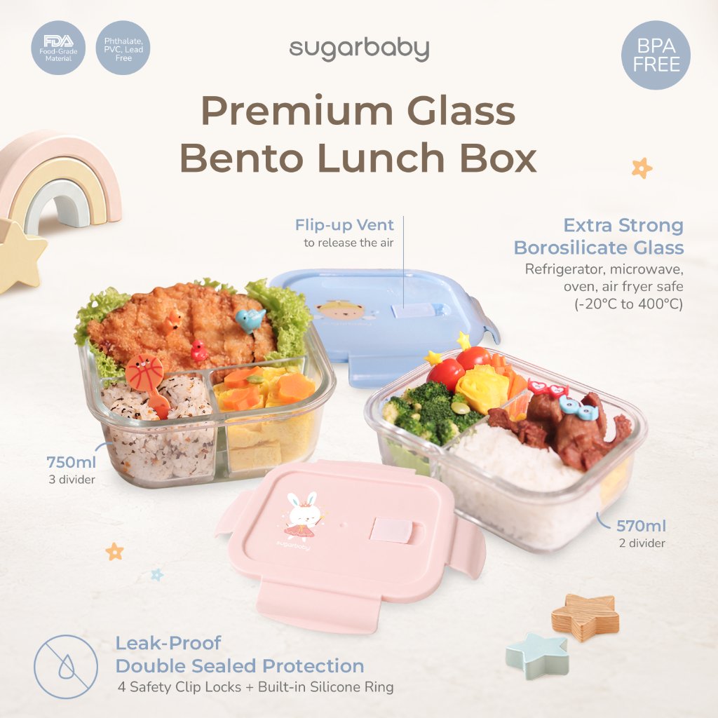 Sugarbaby Premium Glass Bento Lunch Box Borosilicate 750ml 3 Kompartemen Leak Proof BPA Free