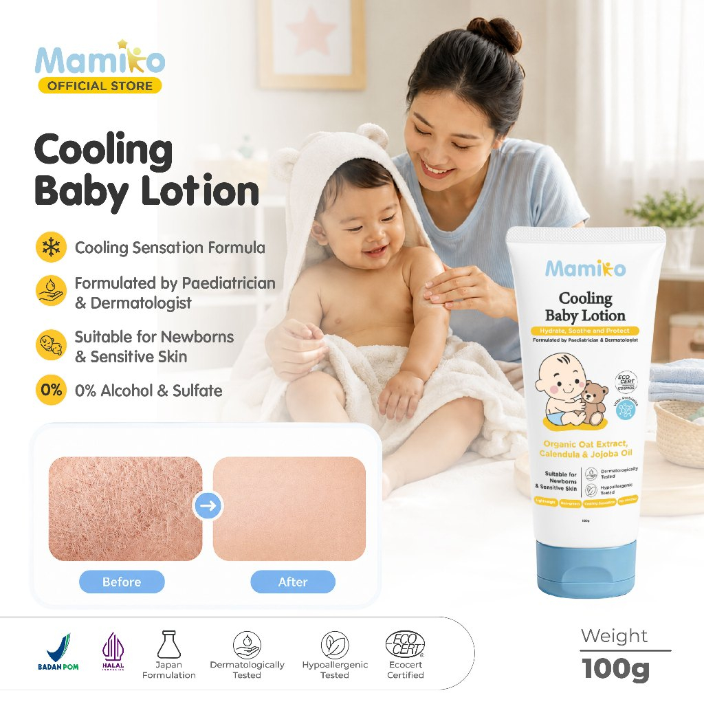 Mamiko Cooling Baby Lotion 100g Hipoalergenik Formula Dokter Tanpa Aroma untuk Kulit Sensitif Newborn