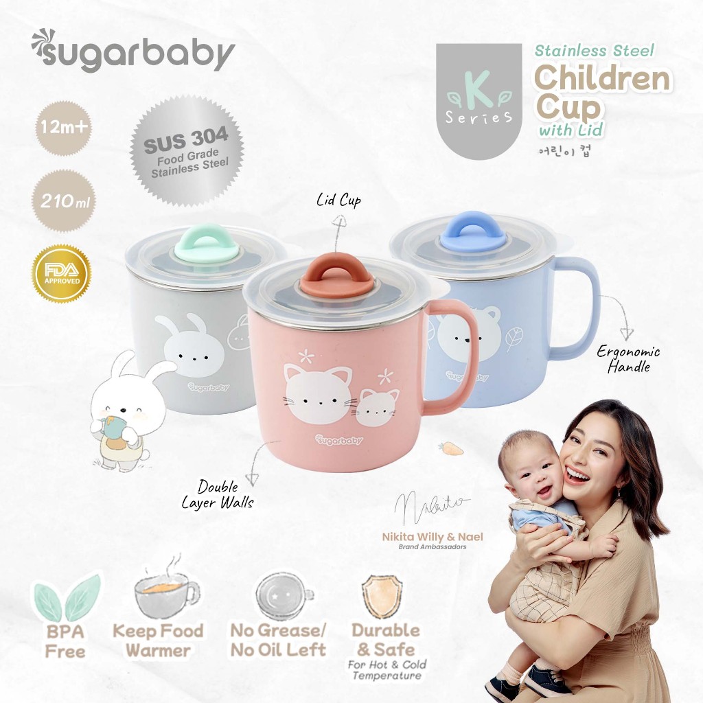 Sugar Baby Gelas Minum Anak Stainless Steel dengan Tutup 210ml SUS 304 Food Grade Foto 2