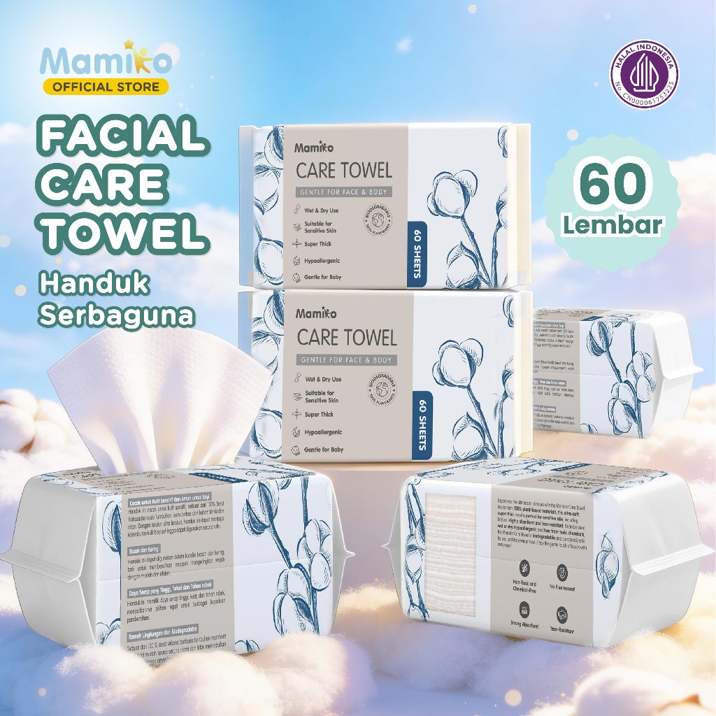 Mamiko Facial Care Towel Tisu Kering Bayi 60 Lembar Sisi 3D & Polos Tebal
