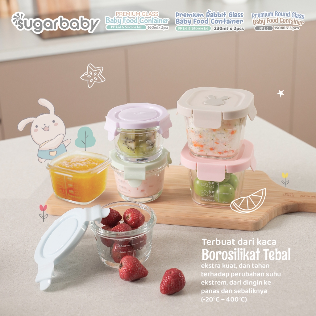 Sugar Baby Premium Glass Jar Baby Food Container 160ml 3 Pcs BPA Free Tutup Foto 3