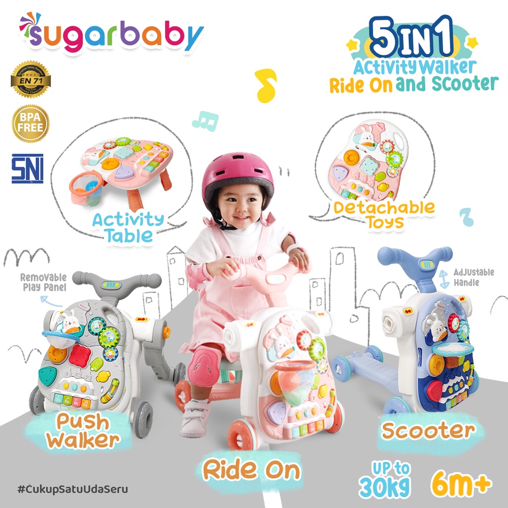 Sugarbaby Walker Bayi 5in1 Multifungsi Ride-On Scooter Push Walker Activity Table Foto 2