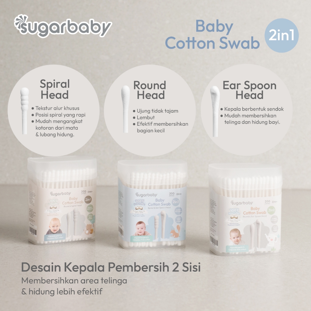 Sugarbaby Cotton Swab 2in1 Baby Cotton Bud 100% Kapas Alami 3 Varian Head Foto 3