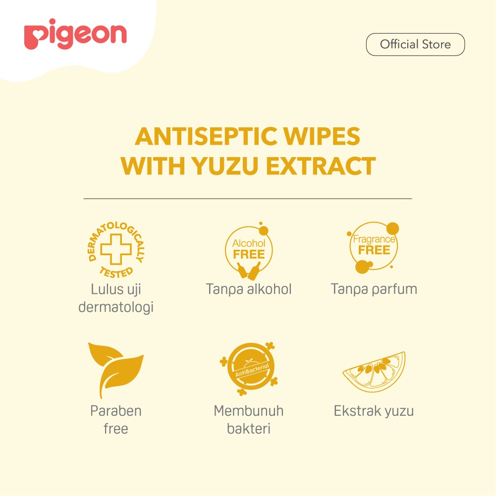 Pigeon Antiseptic Wipes Yuzu 50 Lembar Tisu Basah Antibakteri untuk Bayi Foto 3