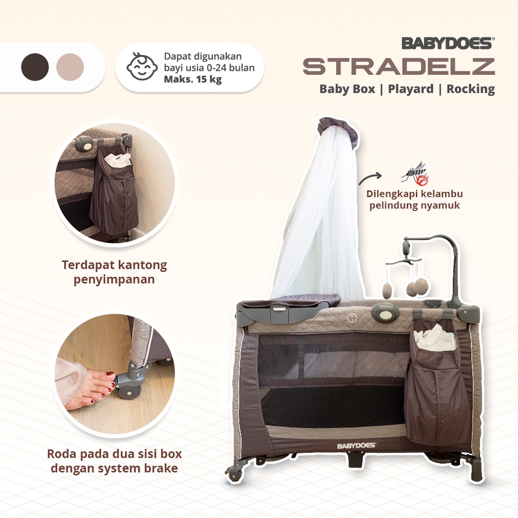 Babydoes Stradelz Baby Box Multifungsi dengan Diaper Changer Rocking Playard Kelambu Foto 4