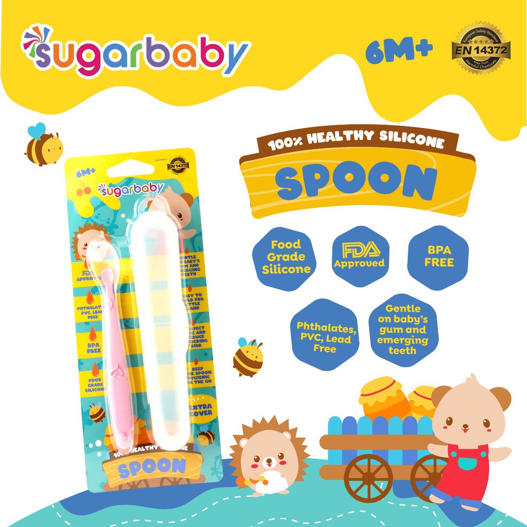 Sendok Makan Bayi SUGAR BABY Healthy Silicone Spoon With Cover Pink Food Grade Foto 2