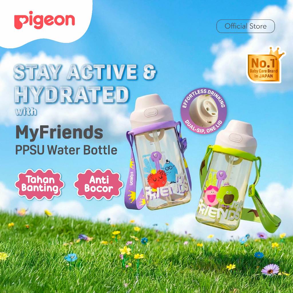 Botol Minum Anak Pigeon My Friends PPSU 500ml dengan Sedotan dan Dual Spout Anti