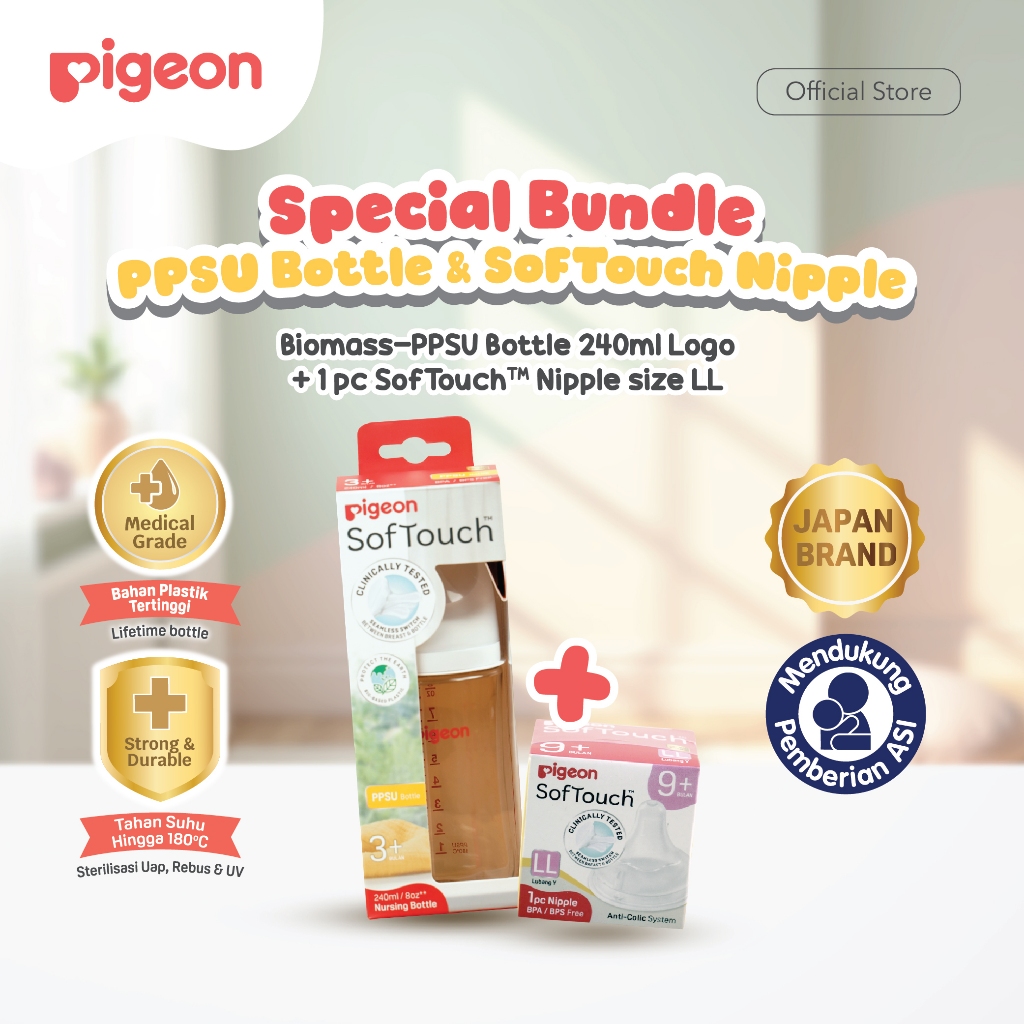 Botol Susu Bayi Pigeon Biomass-PPSU Wide Neck 240 ml SofTouch Nipple Anti Kolik