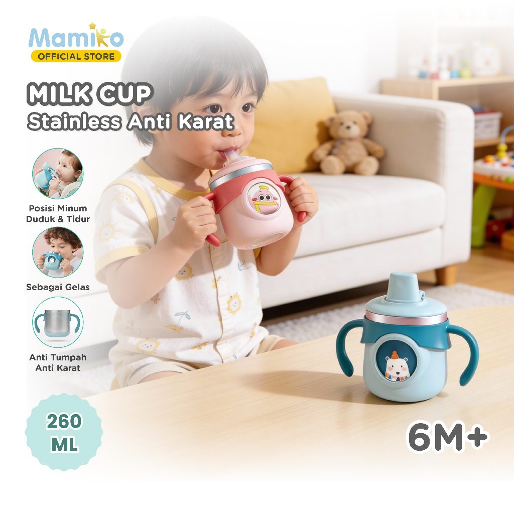 Botol Susu Stainless Steel Mamiko 260ml Triple Transition Cup Food Grade 316 Foto 2