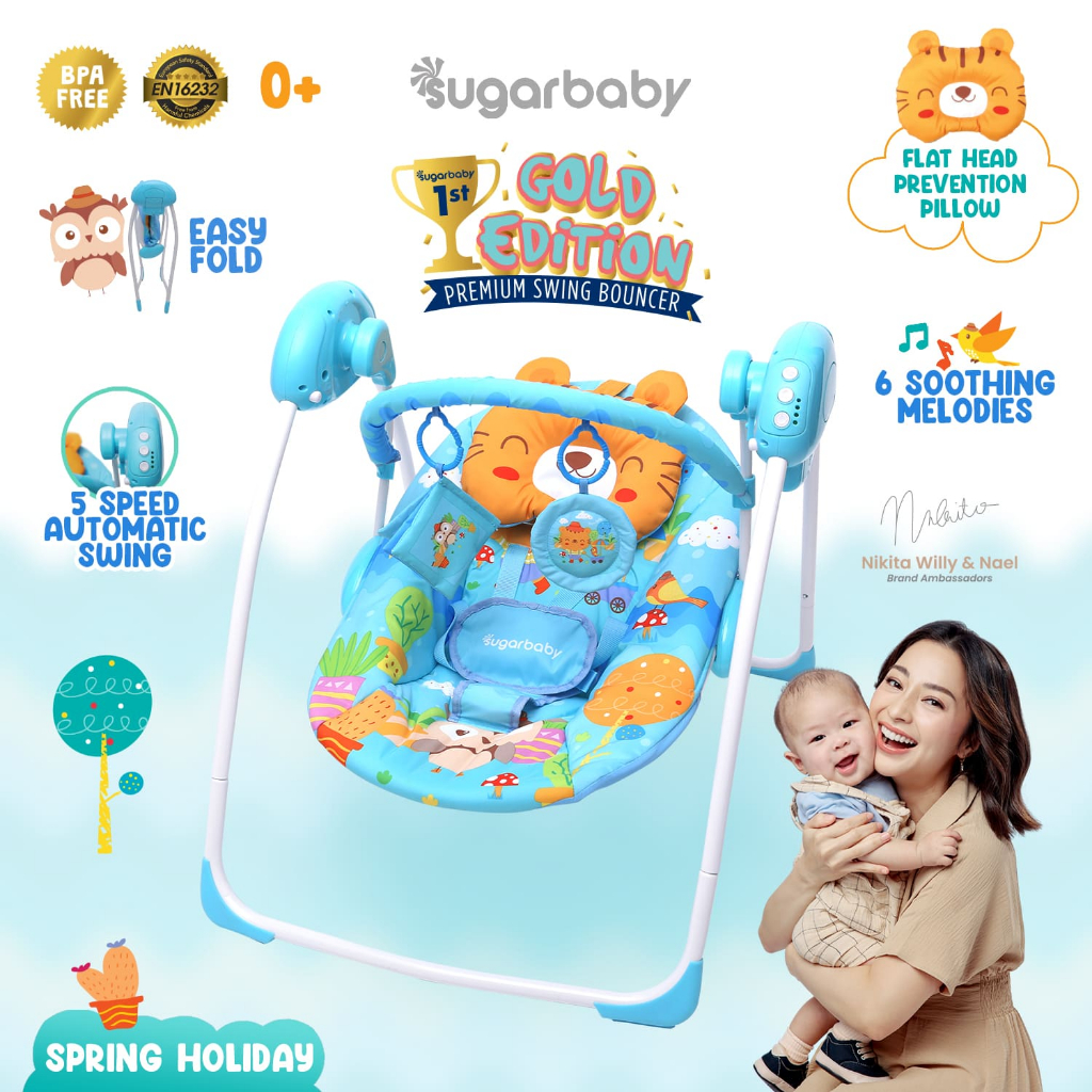 Ayunan Bayi Otomatis Sugar Baby Swing Bouncer Gold Edition Motif Spring Holiday Biru
