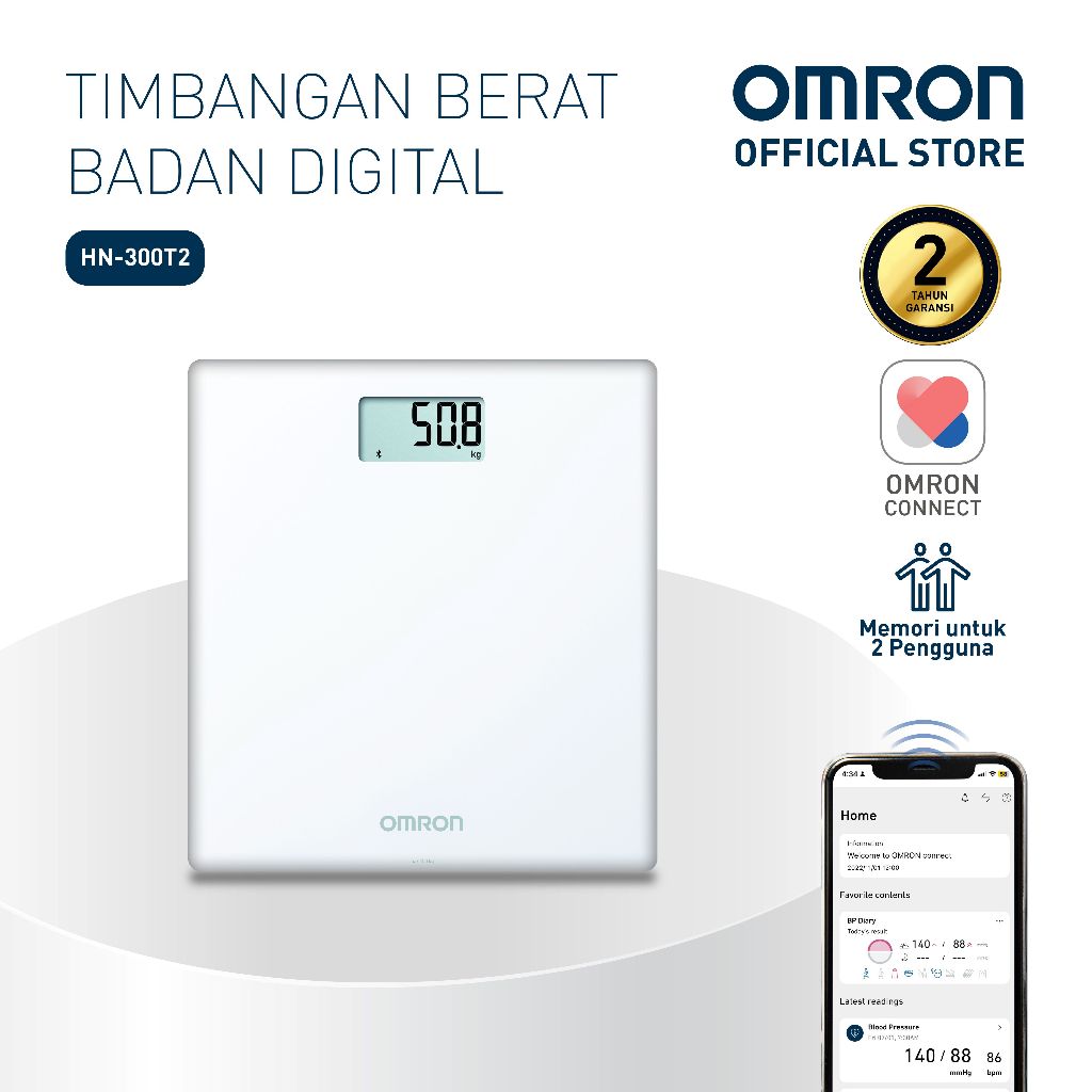 Timbangan Badan Digital OMRON HN-300T2 Bluetooth BMI Layar LCD Backlight 150kg