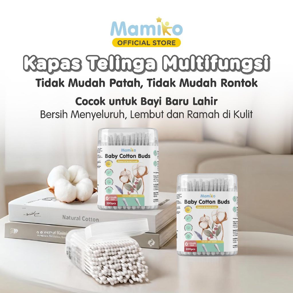 Mamiko Cotton Buds 2in1 Spiral Oval Pembersih Telinga Bayi Anak 200pcs Foto 2