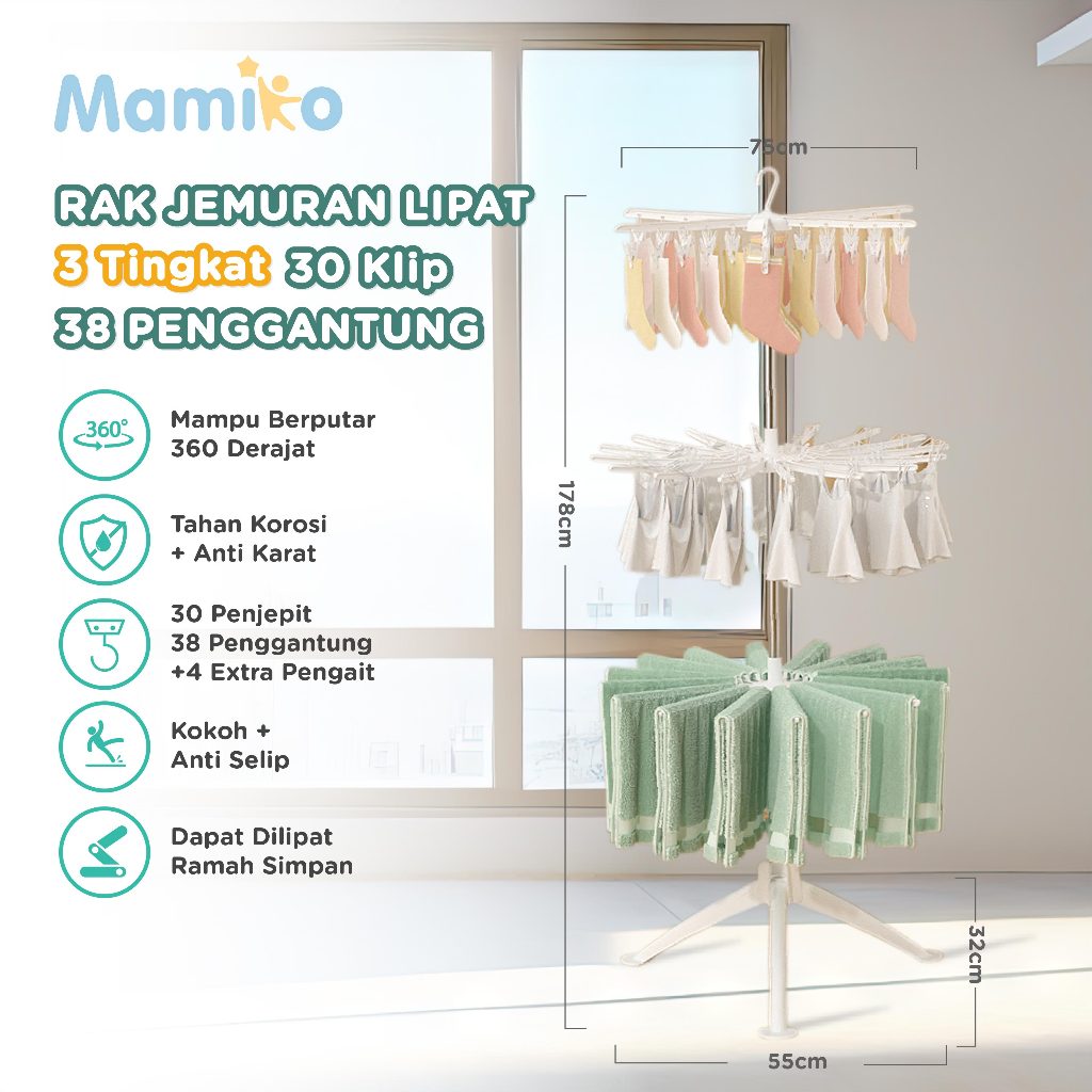 Mamiko Rak Jemuran Bayi 3 Tingkat 30 Klip Lipat Portable Folding Umbrella Stand Foto 8