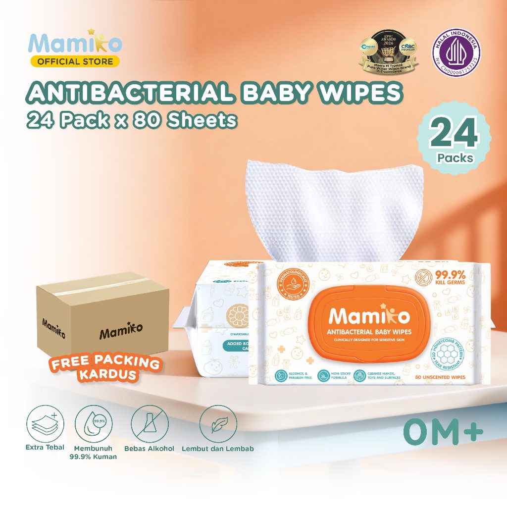 Mamiko Antibacterial Baby Wipes 80s Non-Woven Spunlace 3D Honeycomb 24 Pack