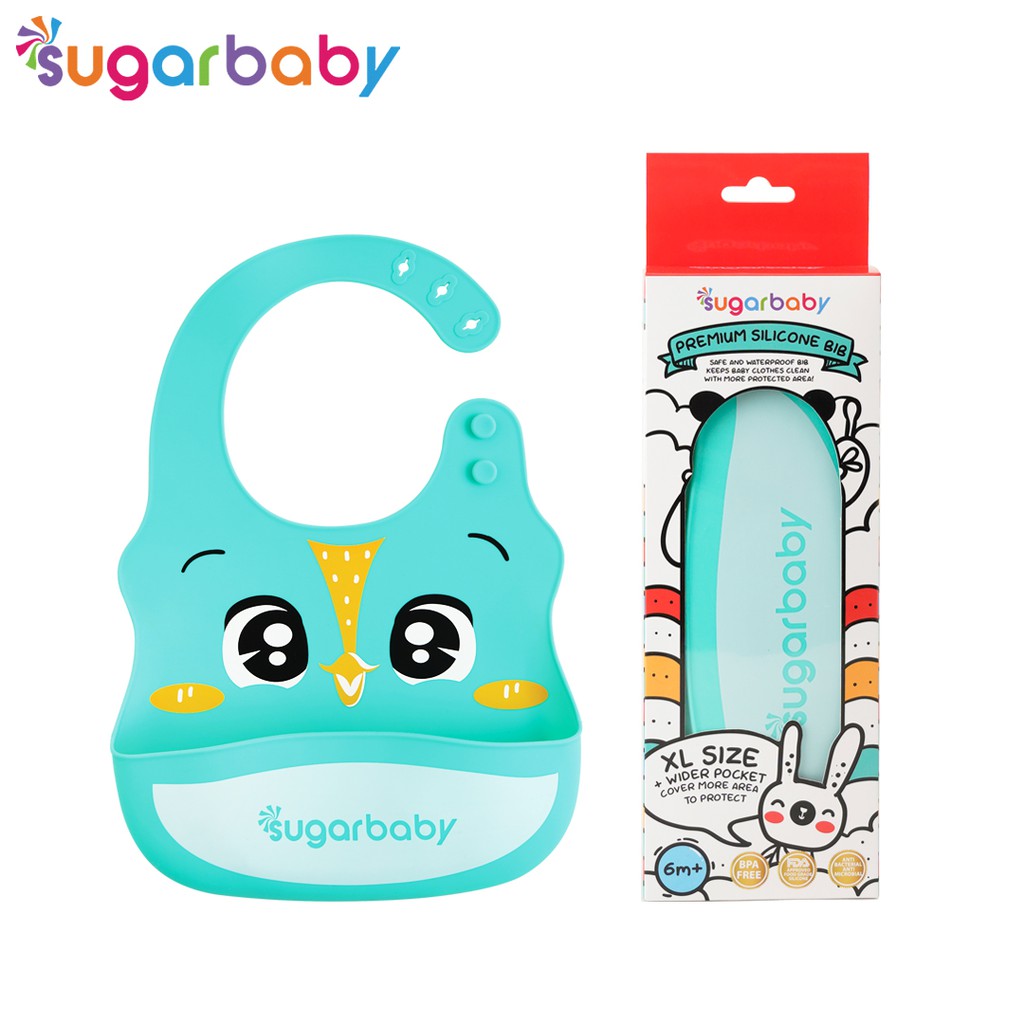 Celemek Bayi SUGAR BABY Premium Silicone BIB XL Size Green Bird Kantung Besar