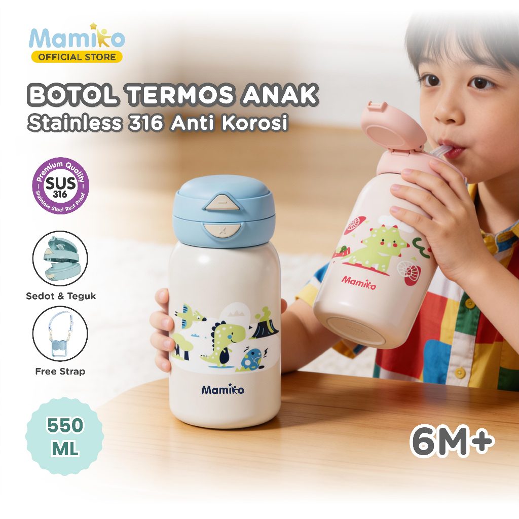 Botol Termos Mamiko Stainless Steel 316 550ml 2-in-1 Vakum Insulasi Sedotan & Teguk