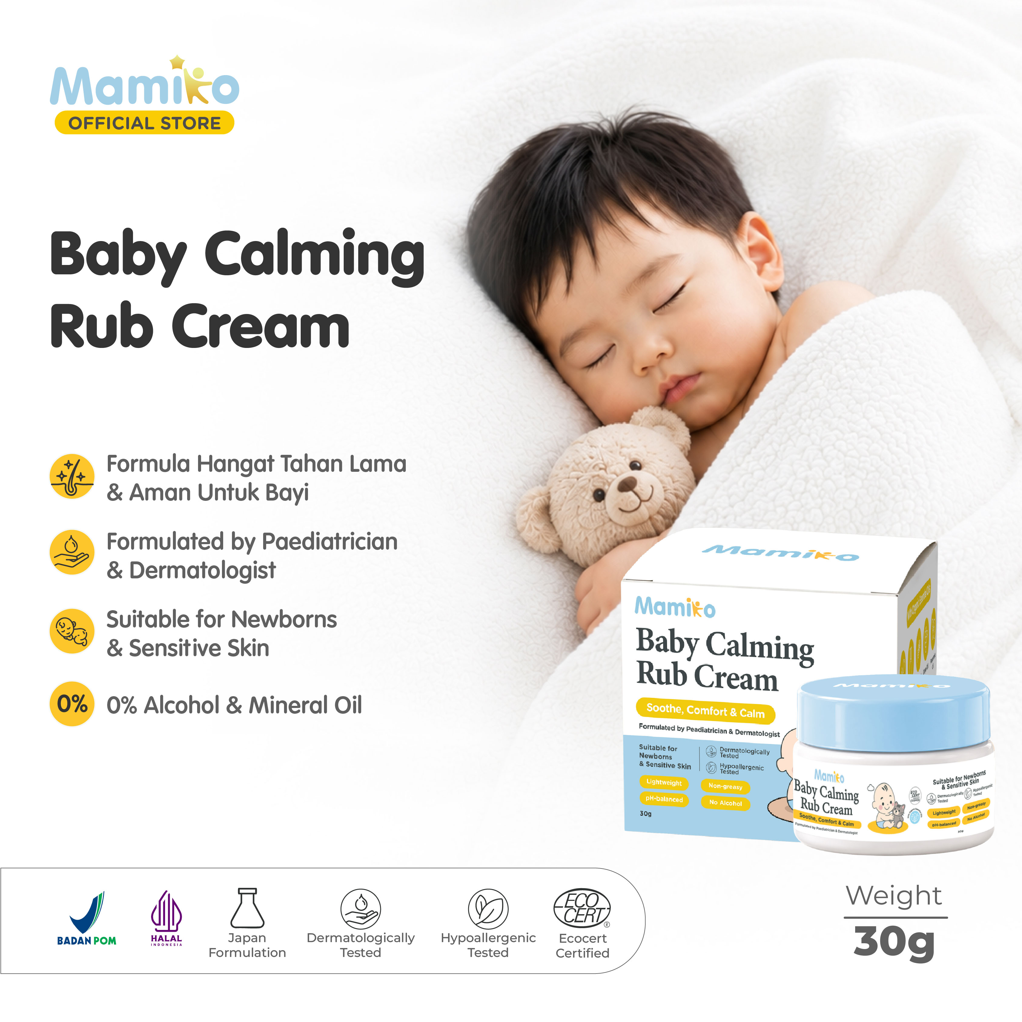 Mamiko Baby Calming Rub Cream 30g Krim Penghangat Aman untuk Bayi Baru Lahir Foto 6