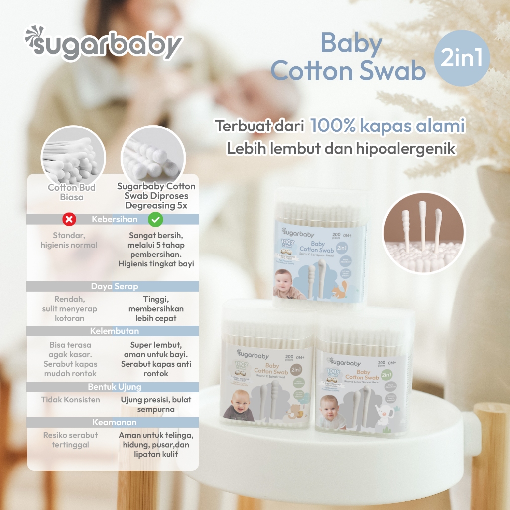 Sugarbaby Cotton Swab 2in1 Baby Cotton Bud 100% Kapas Alami 3 Varian Head Foto 2