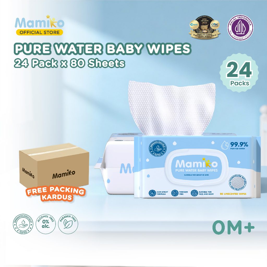 Mamiko Wet Tissue Baby Wipes Pure Water 80s 24 Pack Tisu Basah Bayi
