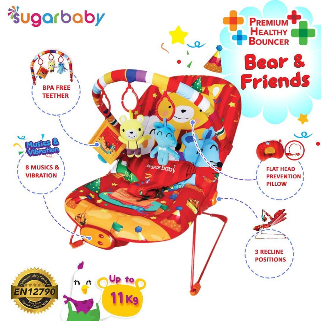 Sugar Baby Premium Healthy Bouncer Bayi 3in1 3 Recline Bear & Friends dengan Musik Foto 3