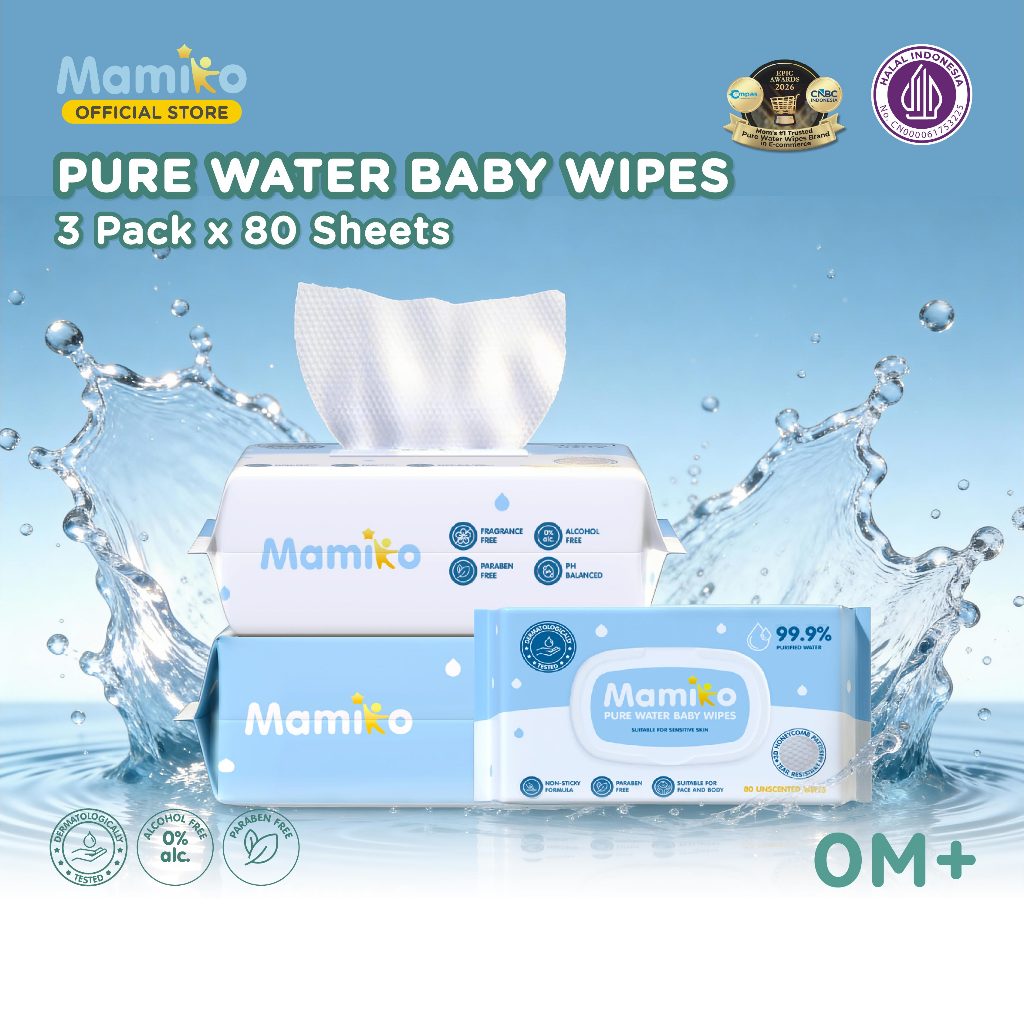 Tisu Basah Bayi Mamiko Pure Water Baby Wipes 80 Lembar Paket Hemat 3 Pack