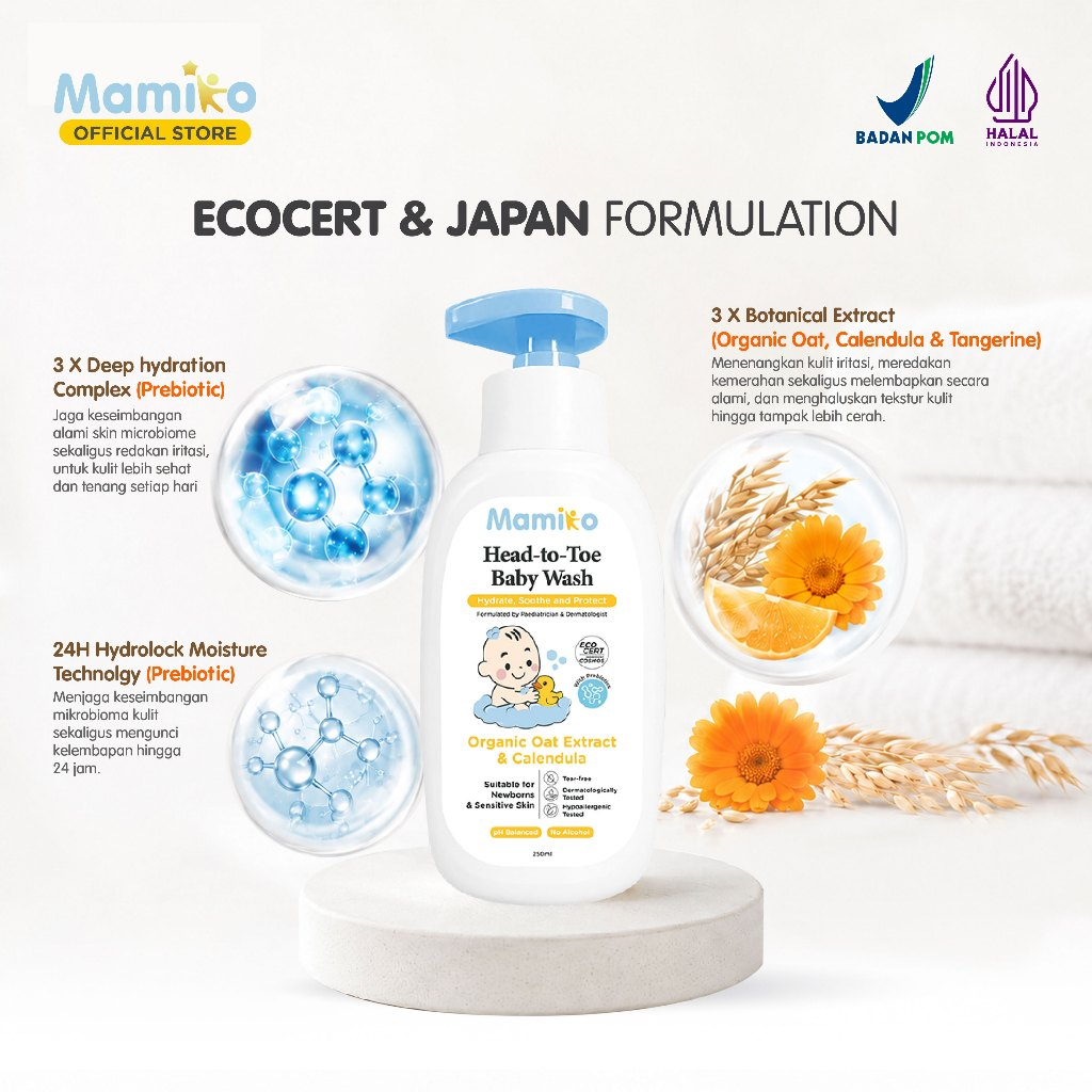 Mamiko Head-to-Toe Baby Wash 250ml Sabun & Sampo 2in1 Sensitive Skin Newborn Foto 2
