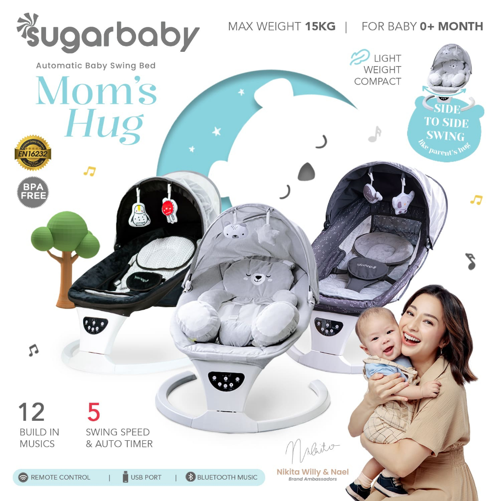 Sugar Baby Mom's Hug Automatic Baby Swing Bed Ayunan Bayi Bluetooth Side to Side Foto 2