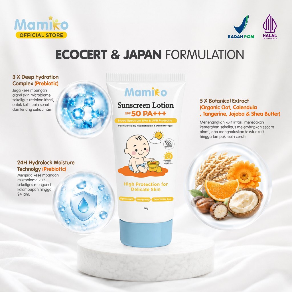 Mamiko Sunscreen Lotion SPF50 PA+++ 30g Broad Spectrum untuk Bayi Baru Lahir & Kulit Foto 3