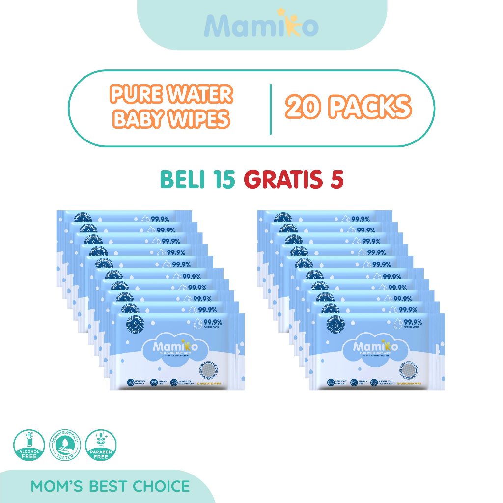 Mamiko Pure Water Baby Wipes Tisu Basah Bayi 10s No Alkohol No Perfume Foto 6