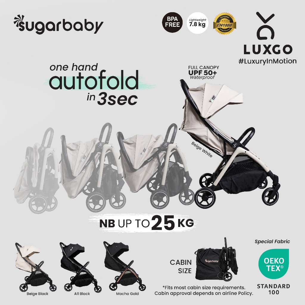 Stroller Bayi Sugarbaby LuxGo Auto Fold Single-Handedly Ringan 7.8kg Cabin Size BPA Free