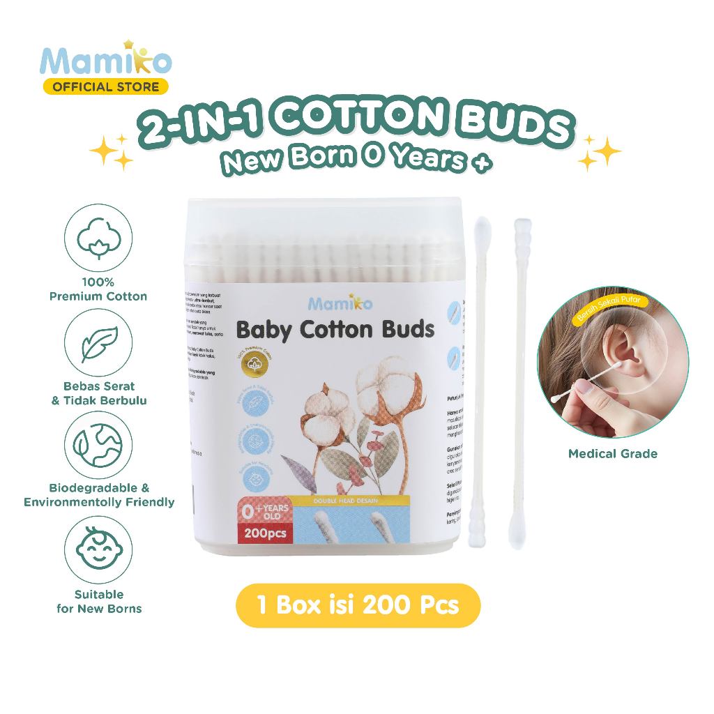 Mamiko Cotton Buds 2in1 Spiral Oval Pembersih Telinga Bayi Anak 200pcs Foto 8